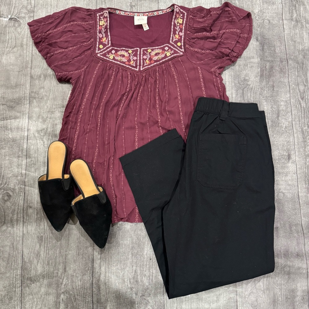 Knox Rose Embroidered Burgundy Blouse